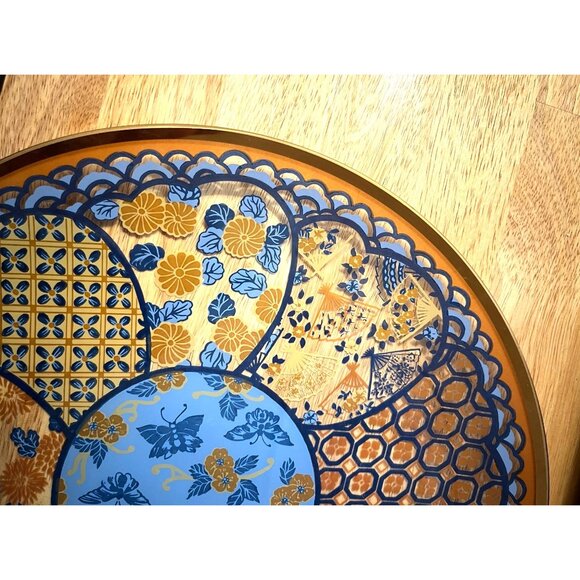 Large Glass Serving Plate w/ Blue Butterflies & Orange Flowers Asian Inspired - Picture 8 of 8